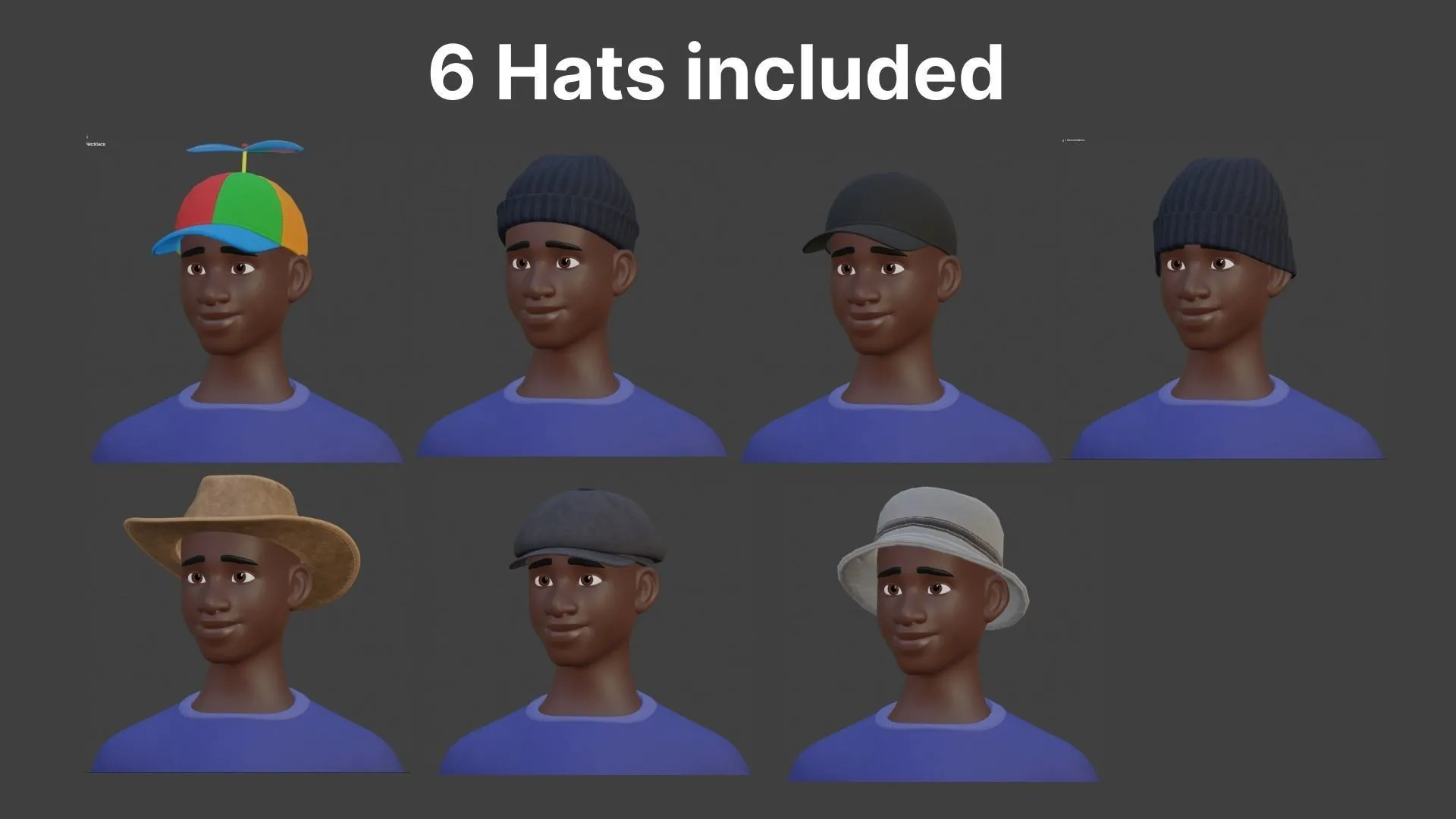 6 hat options for Customizable Black Man Character